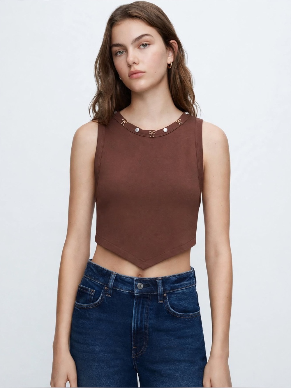 Zara Rust Brown Sleeveless Tank with Neckline Bow and Stud Detail